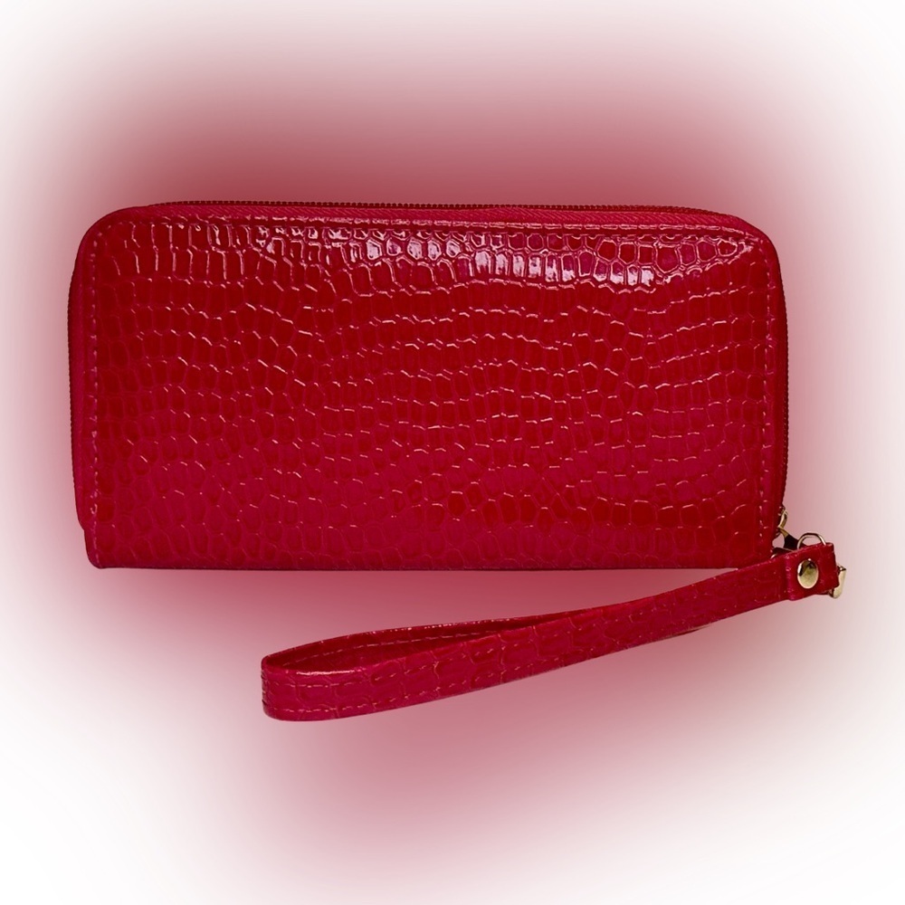 DESIGNER Luxury Pink Croc-Embossed Wristlet Wallet with Gold Emblem - Picture 3 of 5